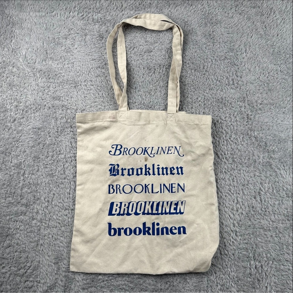 Brooklinen Canvas Tote Bag Cream Blue Graphic Logo Reusable Shopping Bag